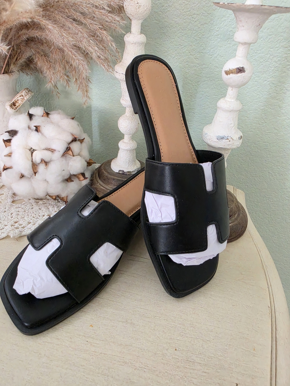 Black Slide Sandals with Cutout Strap - Women's
